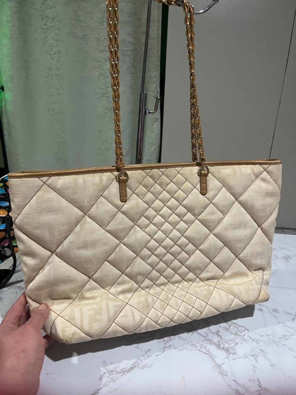 Preowned light used Fendi canvas roll shoulder tore